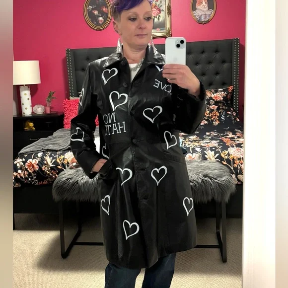 Danier Black Leather Jacket with White Heart Motifs - Picture 8 of 8